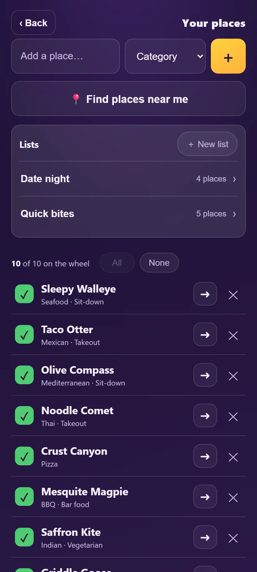Your places: an Add a place field, lists named Date night and Quick bites, and ten places ticked onto the wheel.